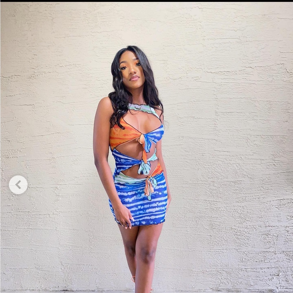 Stylish mesh Tie-Dye Mini dress /cover up - Blue and Orange